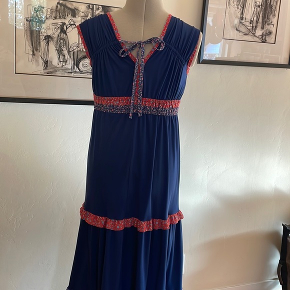 Vintage GODDESS DRESS 1970s Maxi blue & reds L - Picture 5 of 13